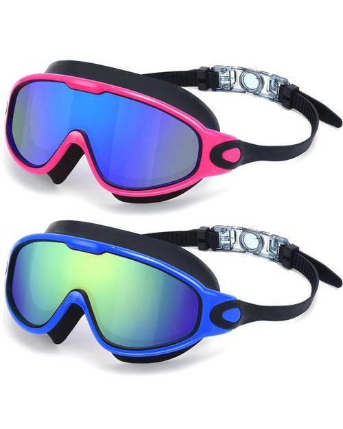 Freela 2 Pack Swimming Goggles for Adult Men Women Youth, 180° Wide View Anti Fog UV Protection Soft Silicone Waterproof No Leak Clear Swim Goggles, Underwater Beach Open Water Pool Goggles Blue Green